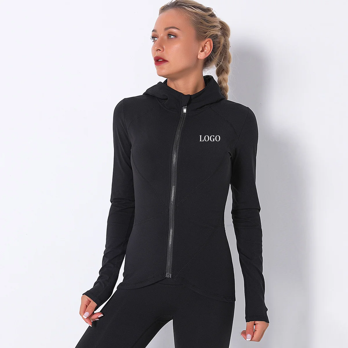 

High Performance Plastic Top Hooded Yoga Clothes Quick Drying Training Fitness Long Sleeved Sports Zipper Shirt, As pictures