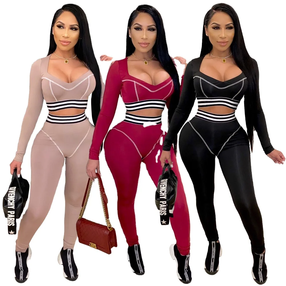 

Solid colour stripes long sleeve sexy yoga leggings and sports bra set