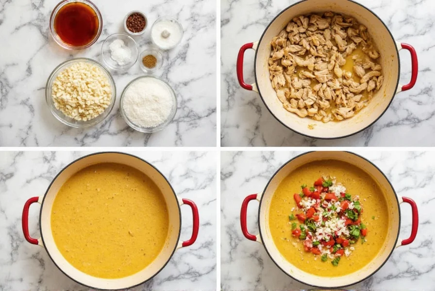 Step-by-step preparation of white chicken chili showing ingredients in bowls, chicken browning in pot, and finished soup in bowl with toppings