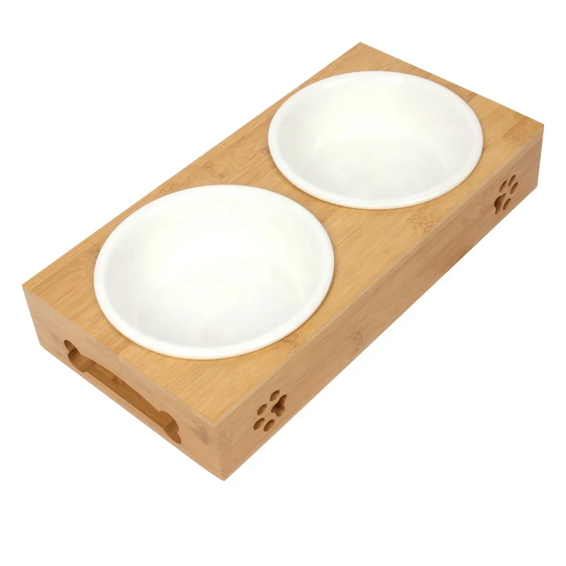 

Factory Wholesale Elevated White Double Ceramic Pet Cat Dog Food Bowl With Stand