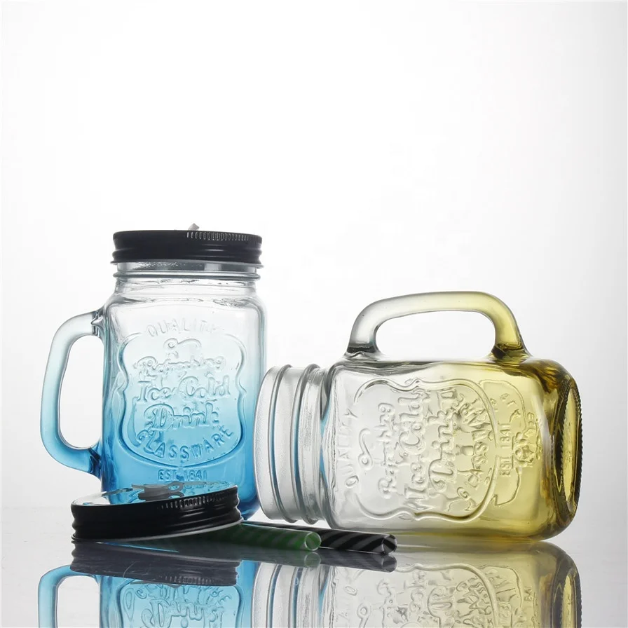 

480ml 16oz 500ml 350ml empty custom logo printed ice cold drink glass mason juice candy honey water jars with straw handle