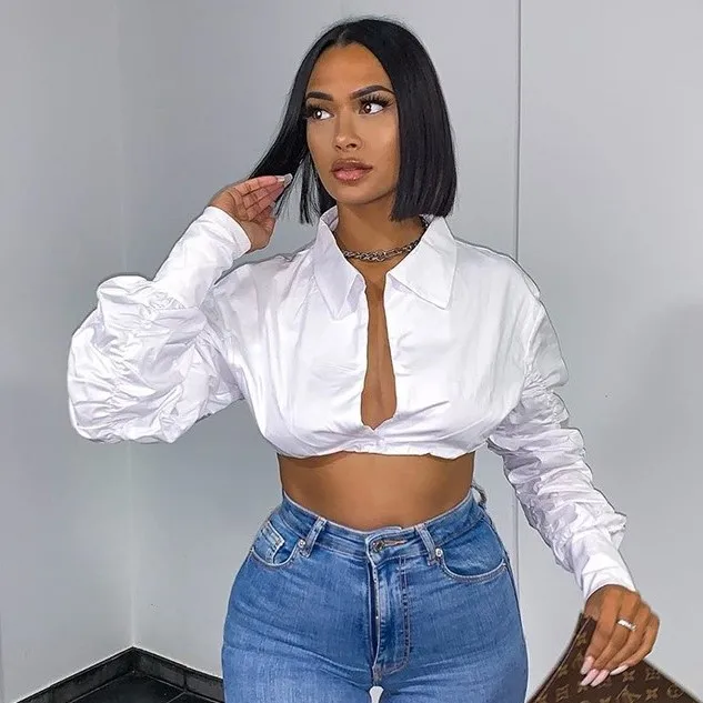 

2021 Fall Sexy Fashion White Button Up Shirt Cropped Tops And Blouses Long Puff Sleeve Ladies Blouse Crop Shirts For Women, White,black,blue,yellow