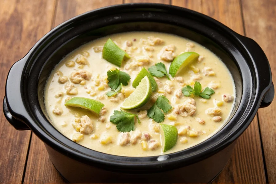 Slow cooker filled with creamy white chicken chili, garnished with fresh cilantro and lime wedges on a wooden table