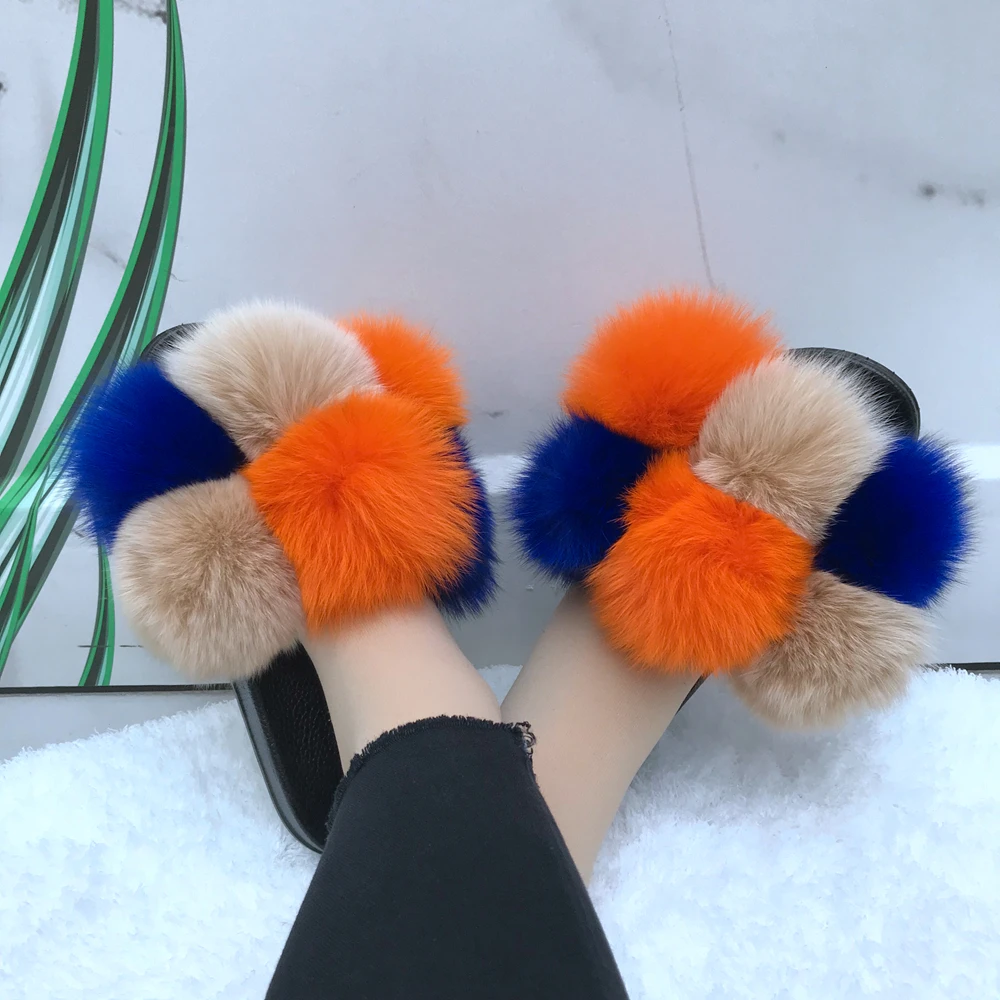

New coming open toe pom pom slides ladies' fur slides Ready to ship with good price, Customized color