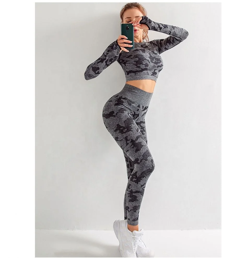 

Long Sleeve Yoga Shirts 2021 Gym Wear Camouflage Seamless Workout Set For Women Fitness Clothing