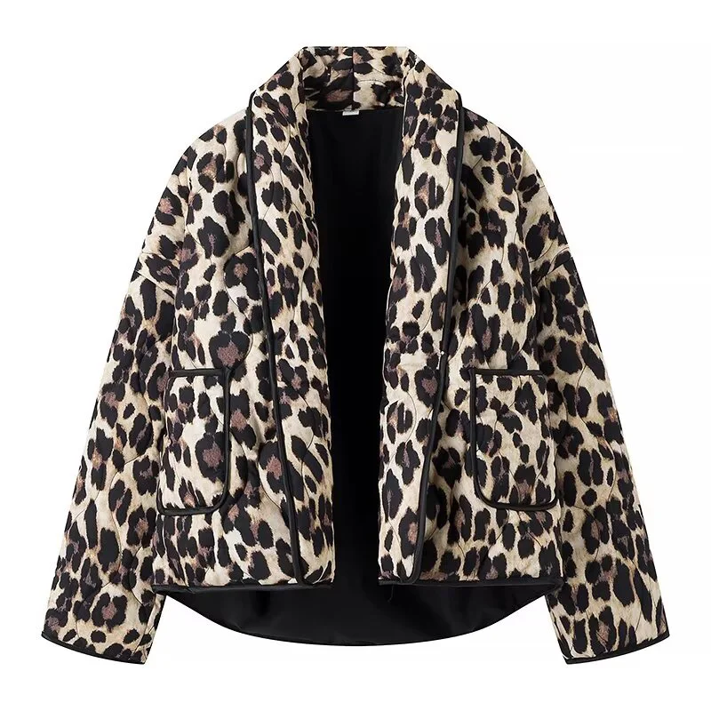 ZATRHMBM 2024 Women Fashion Leopard Print Cotton Coat Vintage Long Sleeves Button up Female Outerwear Chic Overshirt