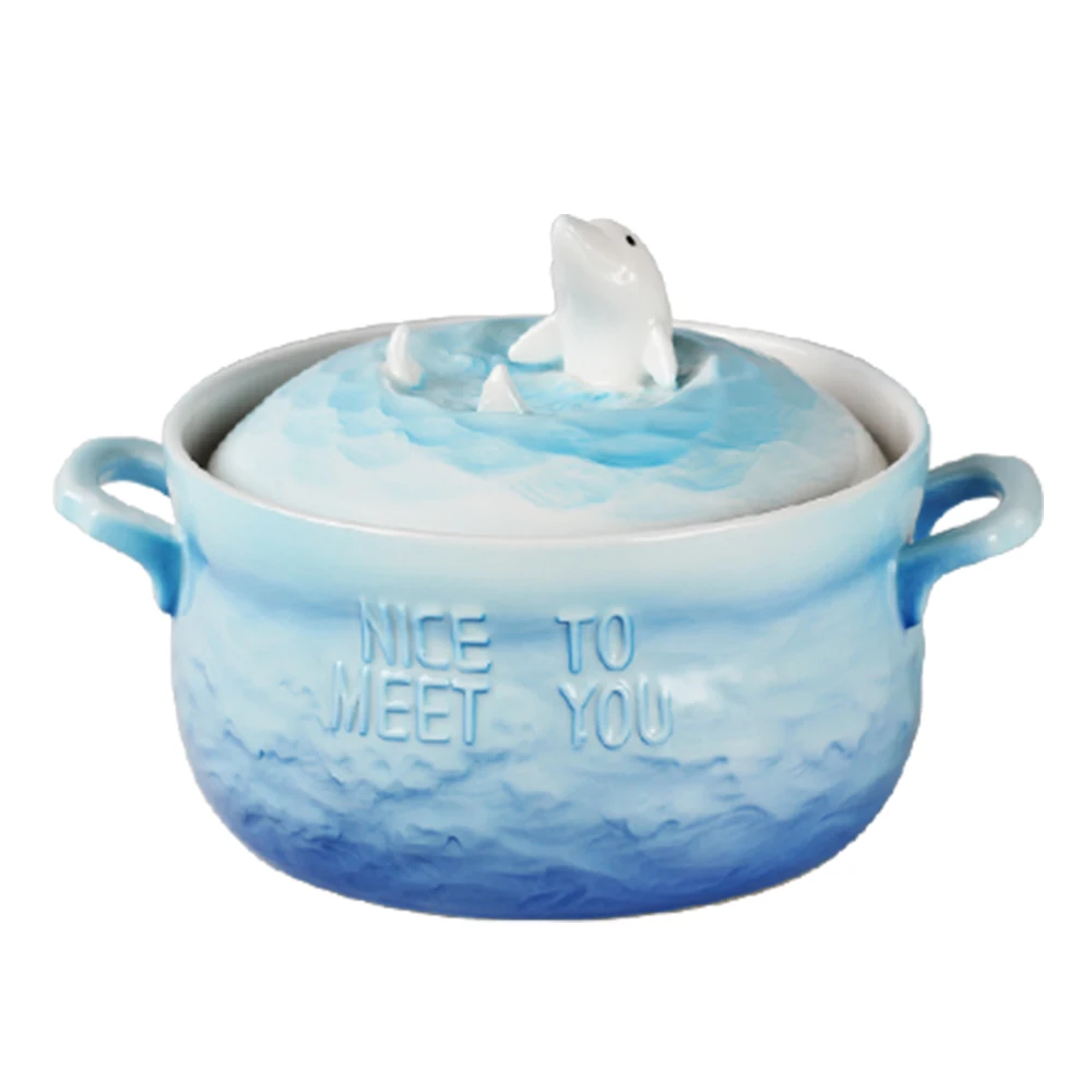 

Eco-friendly 3D Cute Cartoon 29oz Big Ceramic Bowl with Lid and Handle for Soup salad Instant Noodle Vegetables Fruit