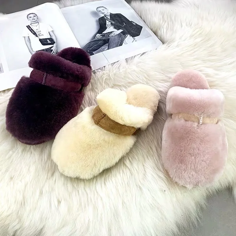 

Sheepskin Round-headed Slipper Home Shoes Hot Sell Ladies Slippers Colorful Leather Slipper Sandals OEM 2021 Genuine Australia, Pink,grey,leopard print