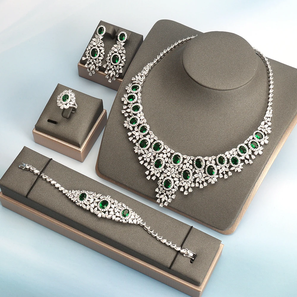 

Dubai Bridal Color Cubic Zircon Necklace Jewelry Sets for Women Party Charm Crystal Wedding Engagement Bride Luxury Accessories, White, blue, green, red, yellow, champagne