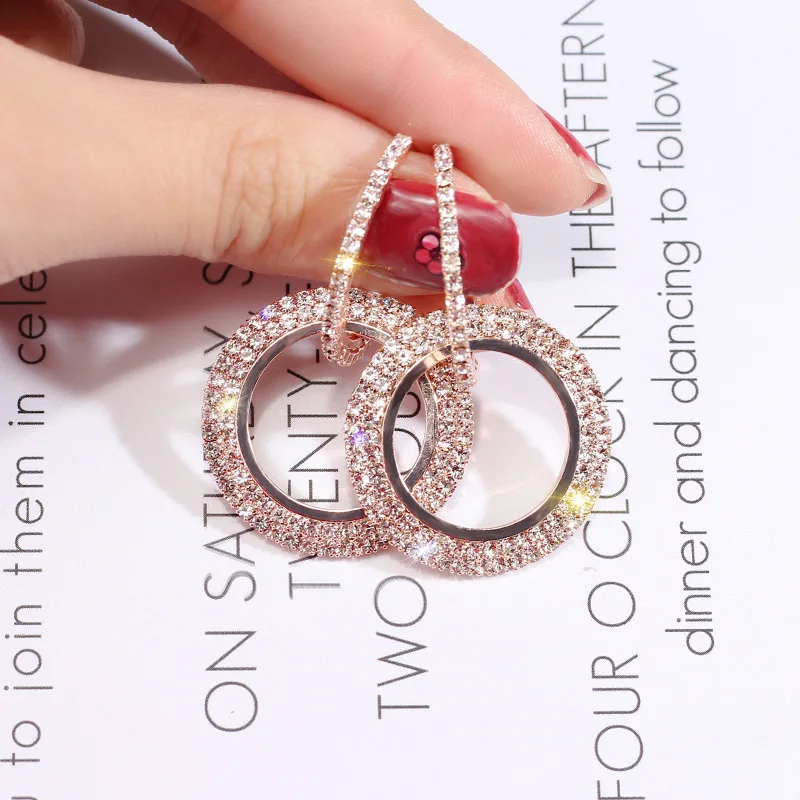 

Fashion Gold Jewelry Plated Aretes Elegant Diamond Drop Earring Double Hoop Circle Rhinestone Earrings For Women, Picture shows