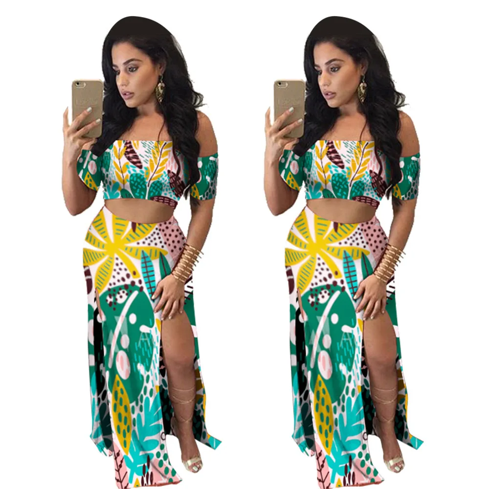 

Wholesale Hot Sale Amazon Casual Fashion Tracksuit Colorful Plant Printing Outfits Backless Split Fork Two Piece Short Set, Shown