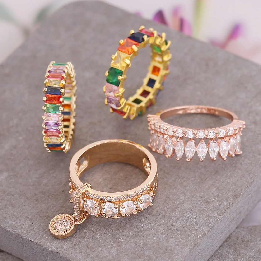 

Rainbow Zircon Ring Women Jewelry Wholesale Plated 18K Gold Gemstone Ring, As pictures