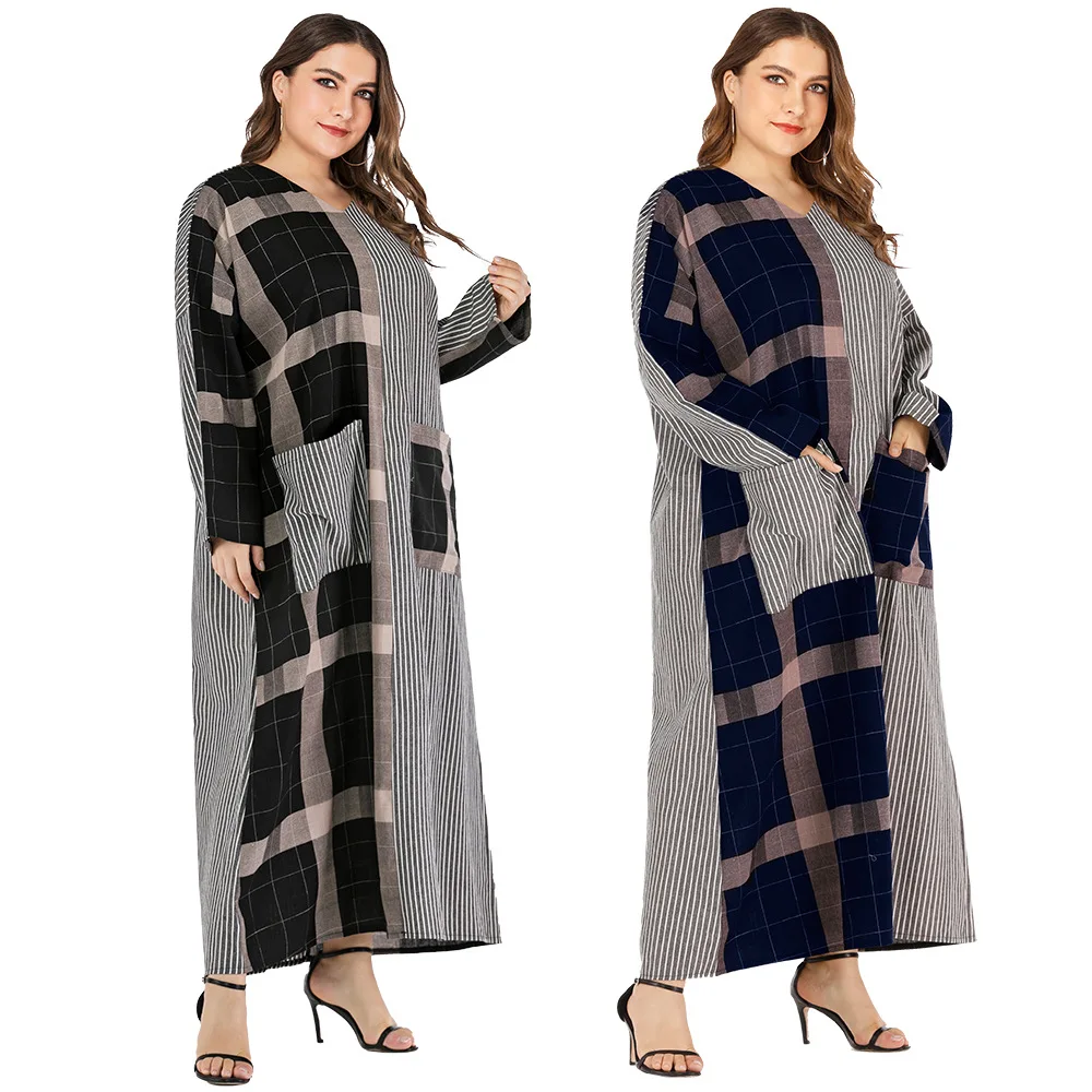 

Spring Autumn V-neck Striped Geometric Stitching Long Fashion Casual Loose Long Sleeve Dress Arabian Dress, Customized color