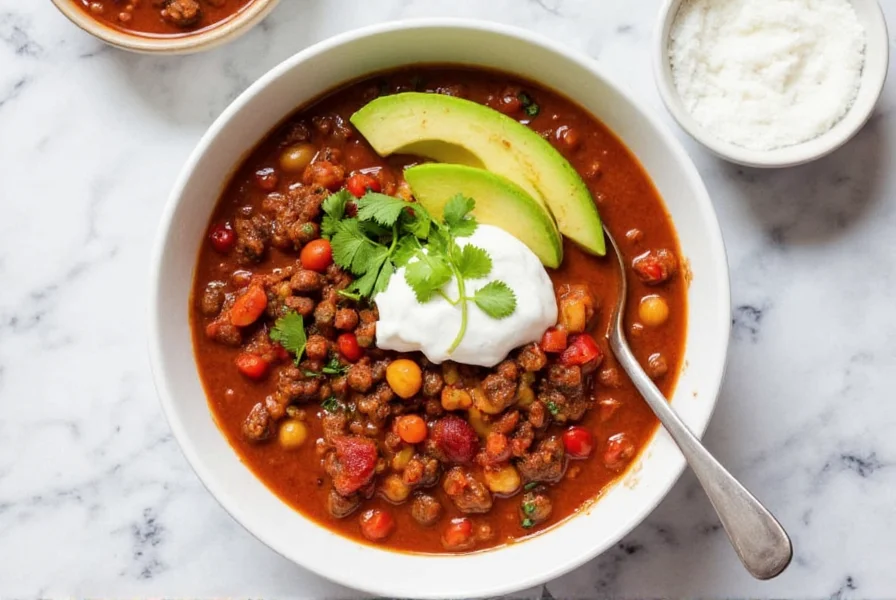 Finished vegetarian chili served in bowl with avocado, sour cream, and cilantro toppings