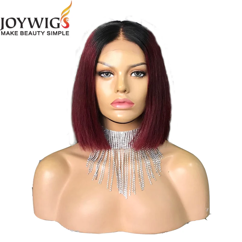 

Joywigs Burgundy Wig Human hair Closure Wigs Blunt Cut Bob Style Virgin Hair 1.5*4in Closure Wigs 8in 180% 1B/99J color