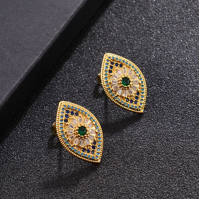 

Hotsale Design Micro Pave CZ Evil Eyes Earrings Blue Green Crystal Rhinestone Turkish Blue Eye Stud Earrings