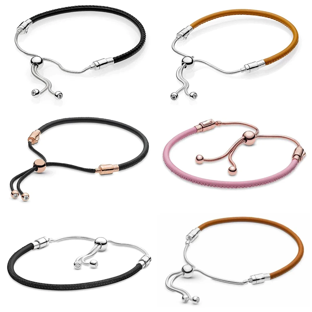 

NEW 2021 100% 925 Sterling Silver Moments Leather Slider Black and Pink Bracelet Fit DIY Charm Original Fashion Jewelry Gift
