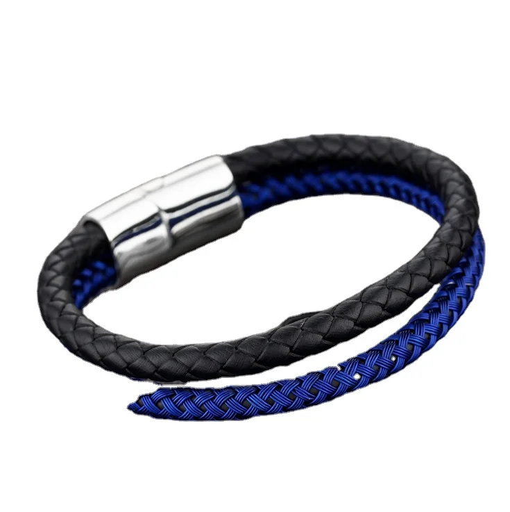 

Crowpunk men's hand in hand woven leather rope bracelet Korean style stainless steel titanium steel jewelry factory direct sales