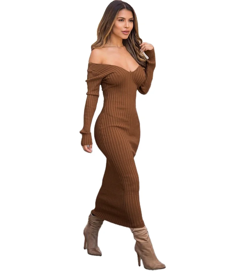 

2021 Custom Tie Dye Bodycon Off Shoulder Brown Maxi Sexy Long Sleeve Sweater Dress