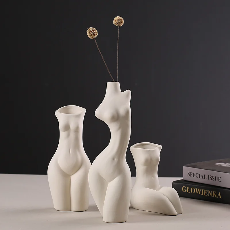 

Creative Ceramic Vase Sculpture Flower Arrangement Gift Female Home Desktop Decoration flower vase Body Art Ceramic Vase, White