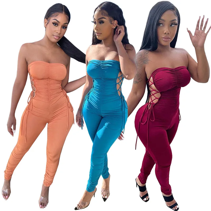 

Wholesale New Fashion Solid Off shoulder Sleeveless One Piece Women Sexy Jumpsuits, Picture color