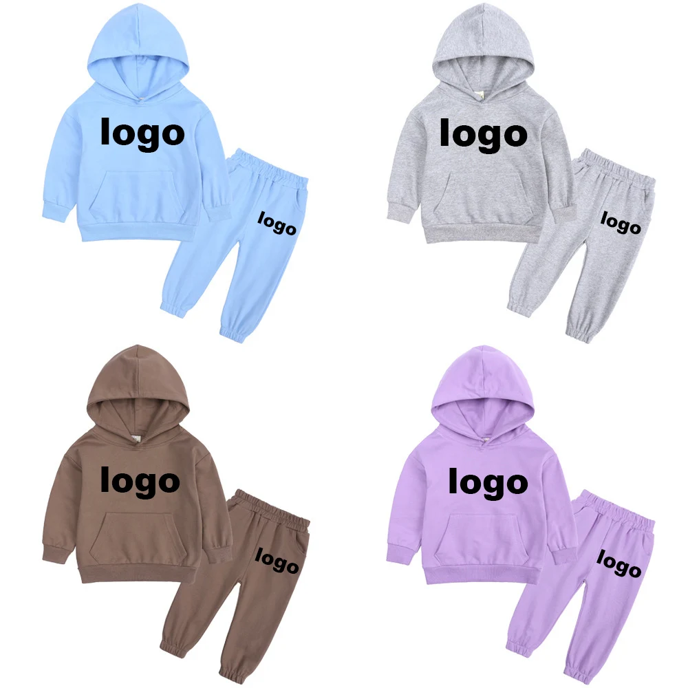 

Custom logo winter high quality sport children solid color plain warm suit hoodie set for girls