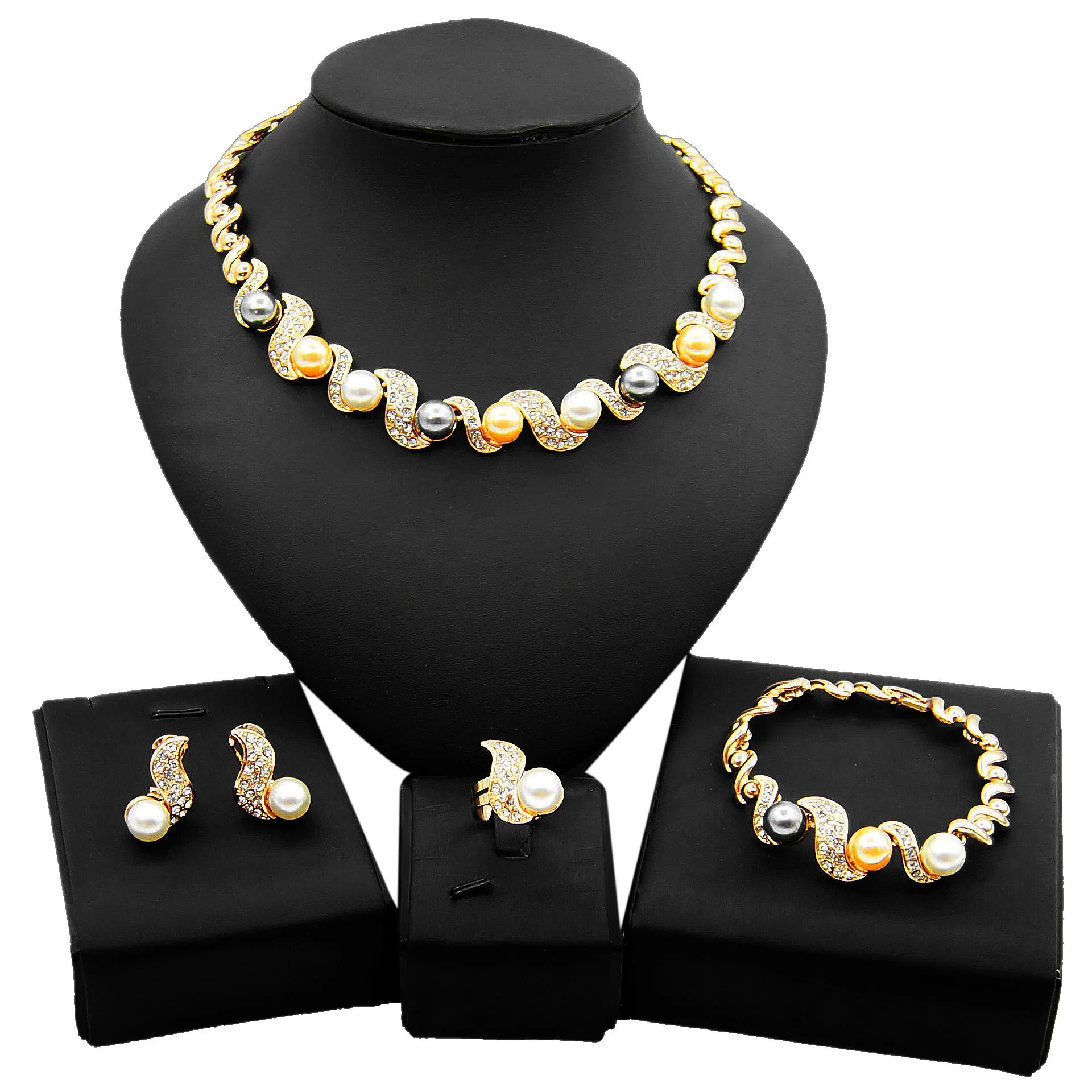 

Yulaili Romanian Gold Style Tricolor Pearl Necklace Jewelleries Set Unique Design Wholesale Women's Wedding Party Noble Sets