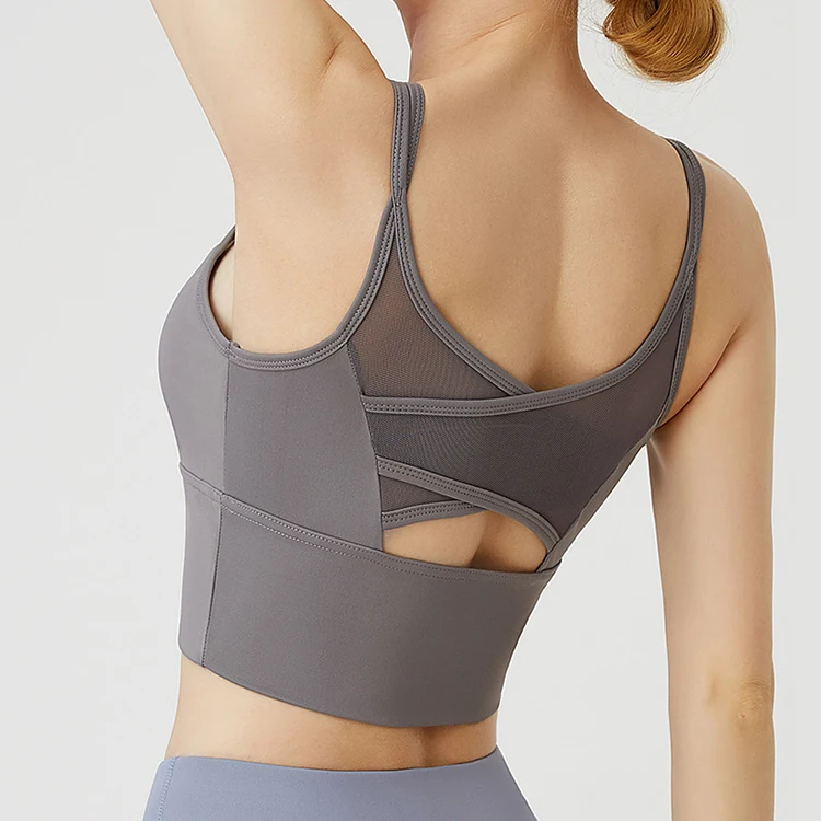 

2021 Low Moq Women High Intensity Support Cross sports bra New Design Yoga Beauty Back Mesh Stitching Shockproof Sports Bra