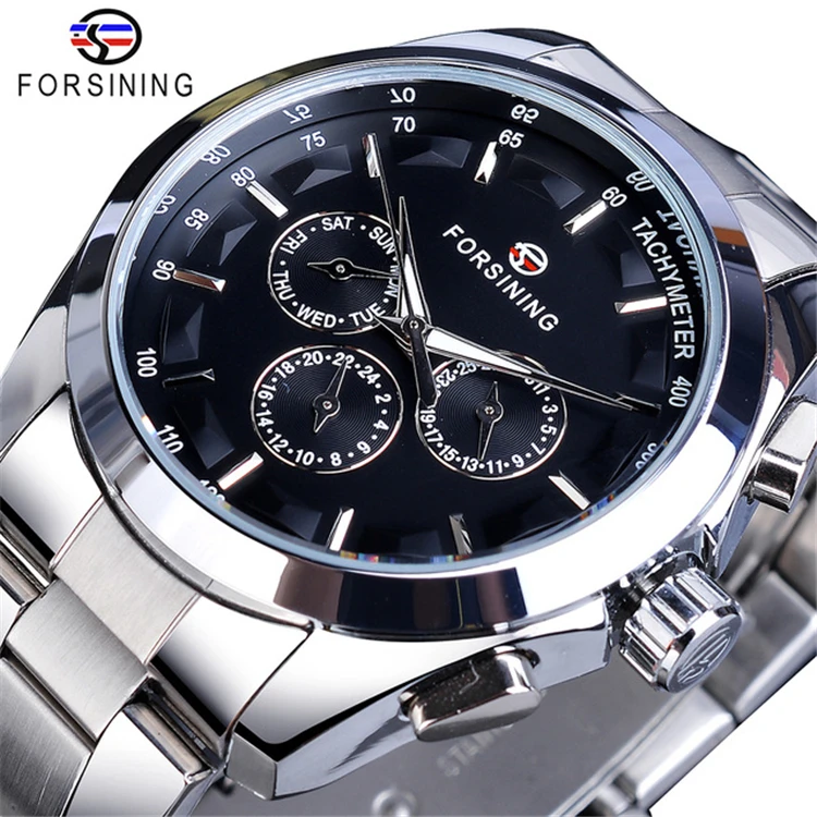 

2020 New Forsining 182 Black Men's Mechanical Watch 3 Dial Calendar Automatic Self-Wind Clock Sport Stainless Steel Wristwatch