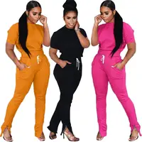 

A110109 new style short sleeve drawstring trouser solid Outfit 2 Piece Set Women Clothing