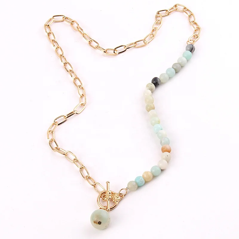 

Women Ethnic Necklace Jewelry Gold Paperclip Chain 6MM Gemstone Beads Necklace 12mm Amazonite Stone Pendant Necklace