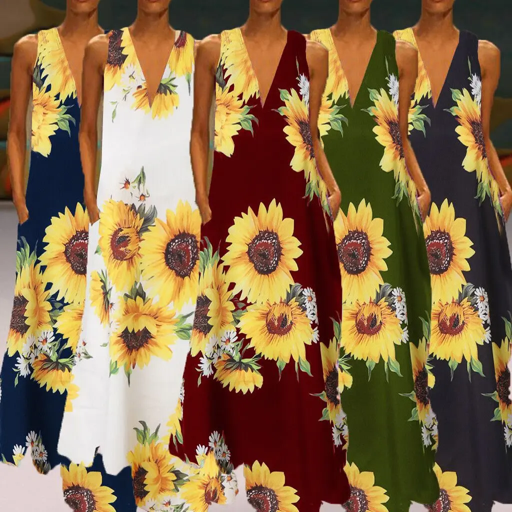 

AliExpress new hot style ladies bohemian print sunflower dress V-neck sleeveless summer dress with pockets