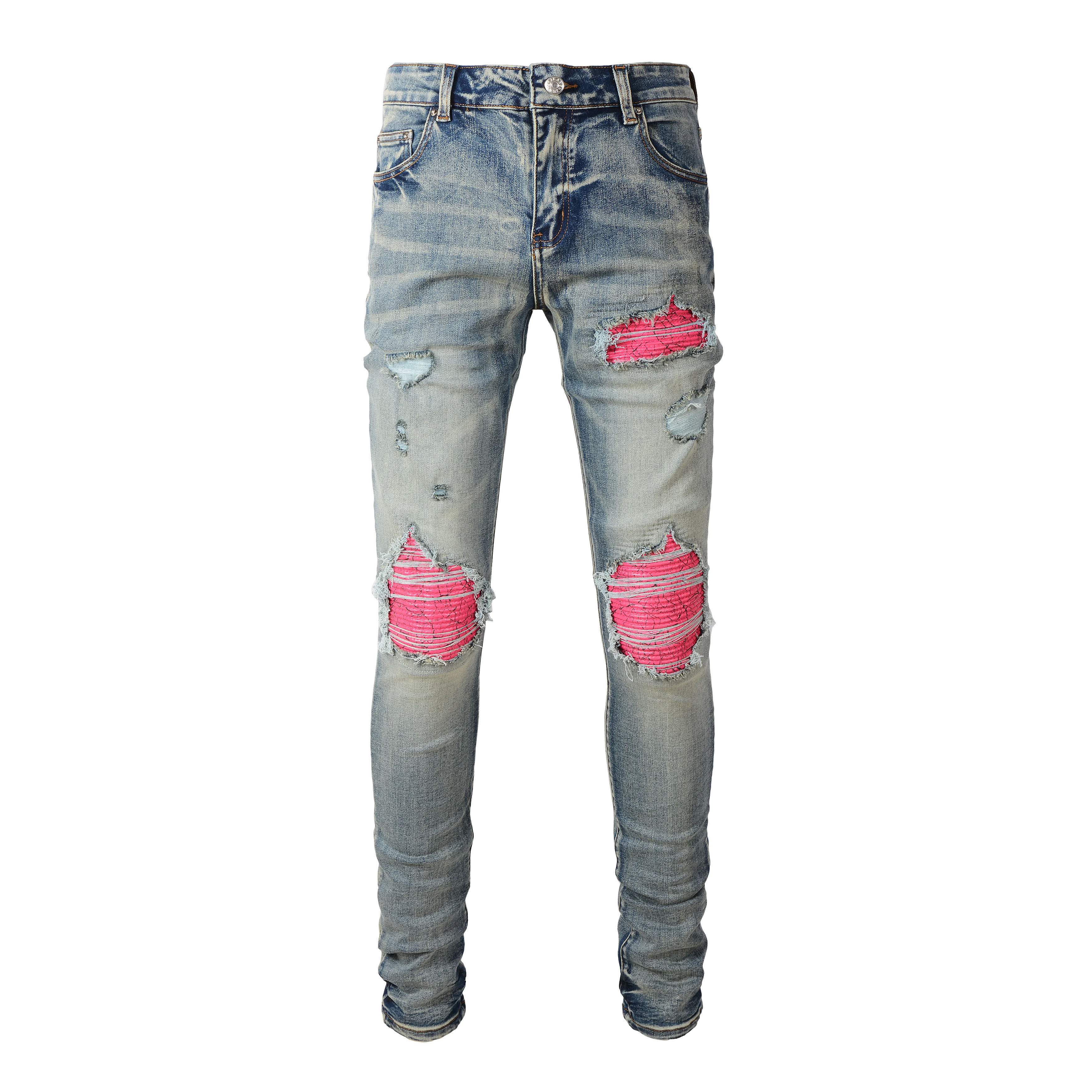 Rts For Dropshipping 6806 Hot Selling Denim Jeans Leopard Patch Slim Plus Size Pants Men's For Dropshippings ripped patch Jeans