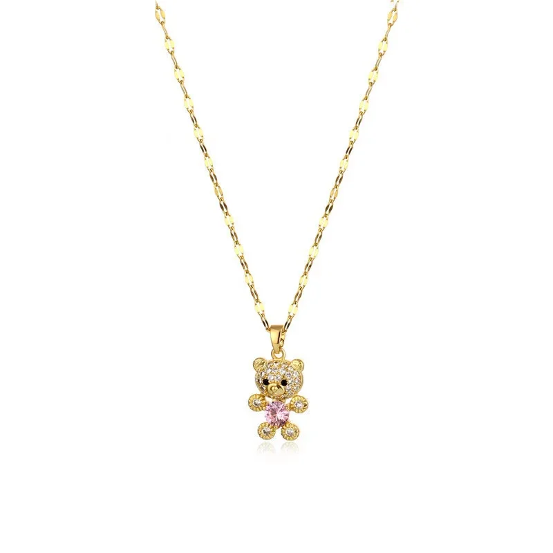 

Hot selling Korean version diamond inlaid cute pink Bear Pendant Necklace
