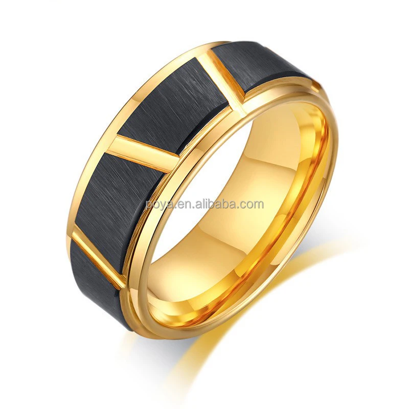 POYA Wholesale 8mm Two Tones Tungsten Black Gold Plated Grooved Step Edge Wedding Ring for Men