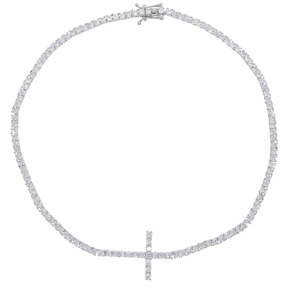 

3mm cz tennis chain choker necklace in silver color sideway cross charm necklace 15" 16" iced out bling women hip hop jewelry, Black