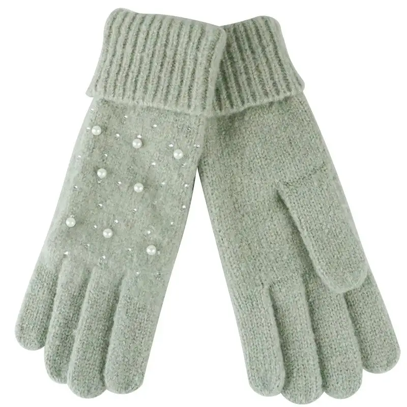 

Ladies' acrylic knitted mittens with pearls and rhinestones