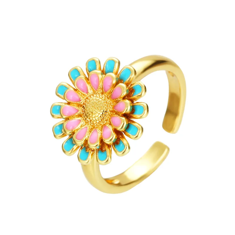 

European Fashion 18K Gold Plated Multi Color Flower Rings Colorful Flower Daisy Open Ring