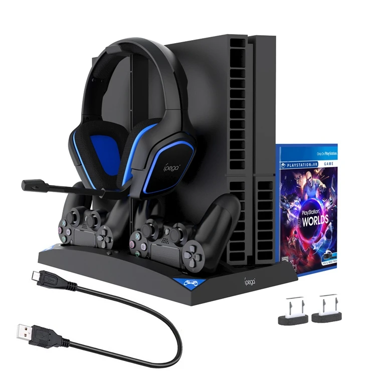 

Newest 6 in 1 Fan Cooling Base Bracket Multi-function Charging Dock Vertical Station Stand For PS4 PS4 Slim PS4 Pro Game Console, Black