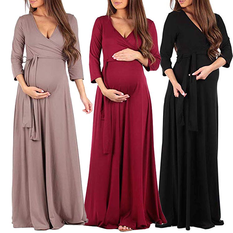 

Lover Beauty New Loose Comfort Soft Deep V-Neck With Waist Belt Cropped Sleeves Maternity Wear Women Long Maternity Dress, As show