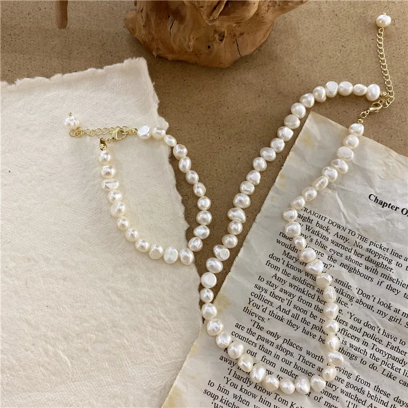

Handmade Baroque Natural Gold Chain Choker Freshwater Pearl Bracelet Necklace