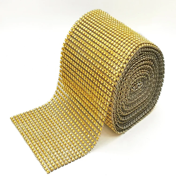 

24 rows 4 mm factory direct sales gold plastic rhinestone mesh trimming cup chain diamond net roll decorative accessories, Customized