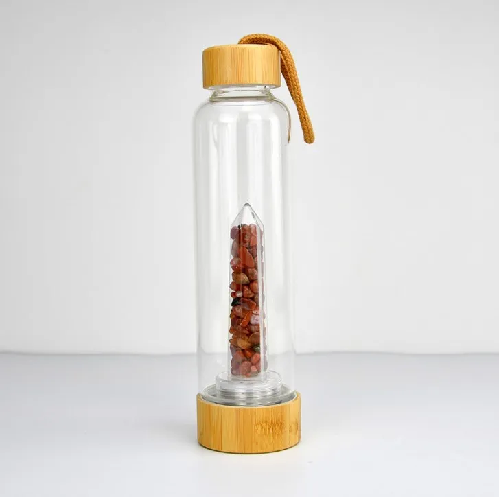 

Wholesale Bamboo Water Bottle Crystal Infused Healing Gemstone Glass Crystal Water Bottle