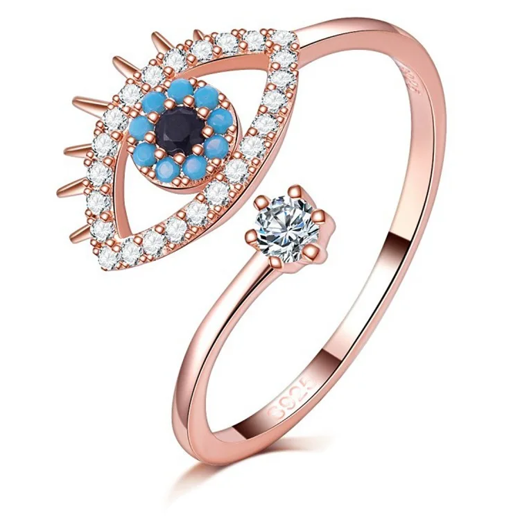 

Fashion 18k gold plated Blue CZ Crystal Eye Finger Ring Open Adjustable cubic Zirconia Diamond Evil Eyes Ring for women