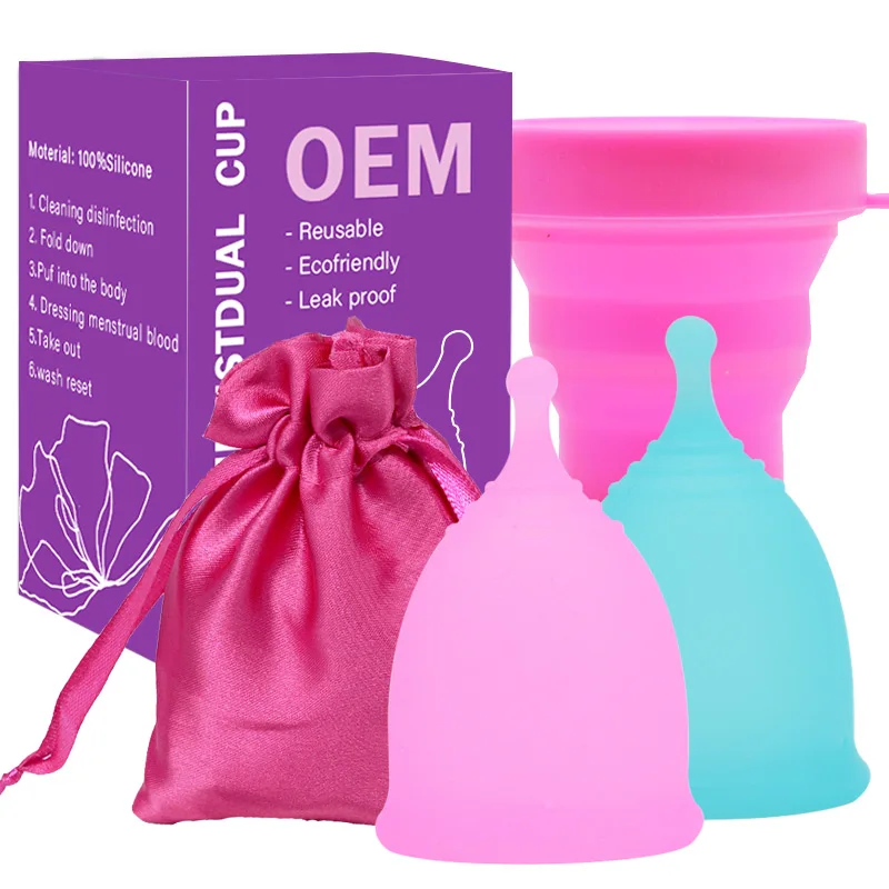 

OEM packaging 3 size menstrual cup reusable soft medical silicone sensitive skin friendly, White, pink,purple