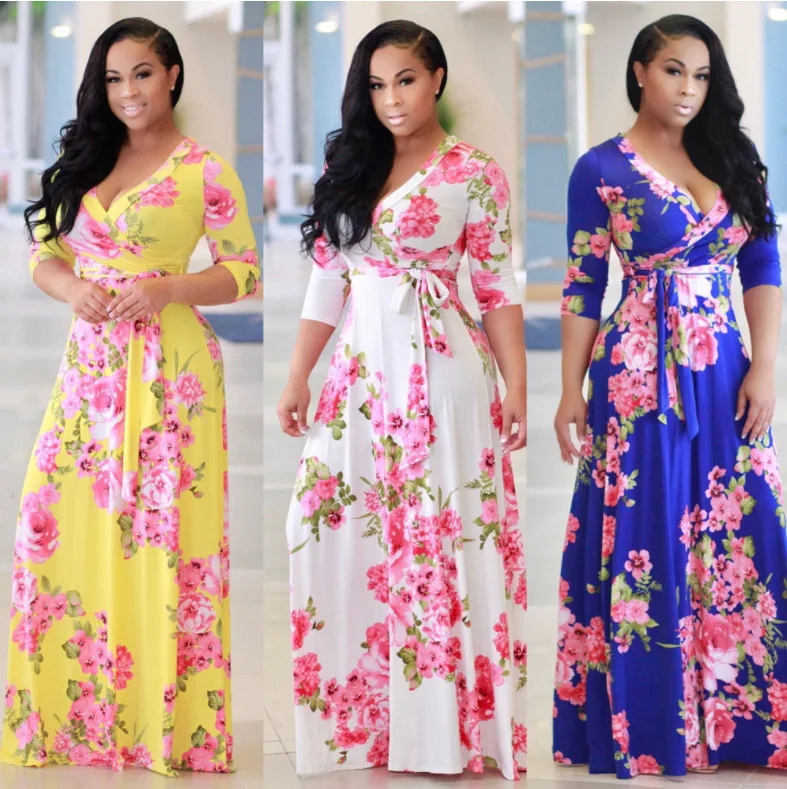 

Wholesale summer long sleeve sexy v neck maxi dress woman beachwear tunic autumn floral print maxi dress casual flower dresses, Customized color