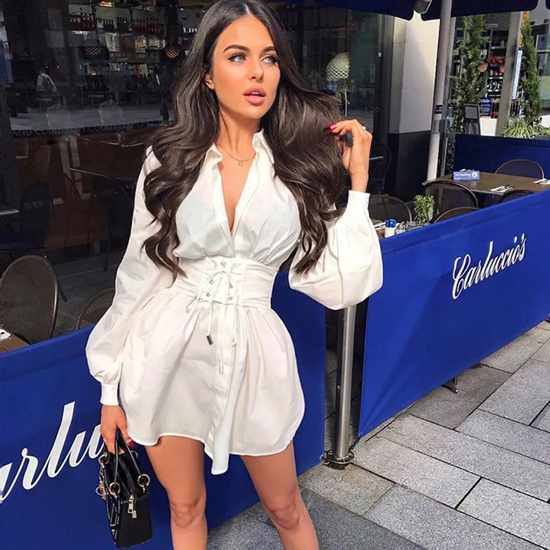 

V-Neck High Waist Mini Dress Solid Defined Waist Shirt Tunic Dress Women Shirts Dress Office Lady Long Puff Sleeve, As show