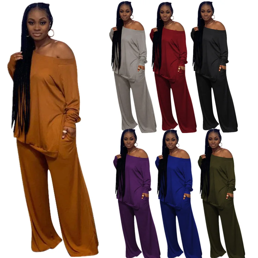 

2021 fall winter long sleeve loose tops wide-leg pants comfortable plus size two piece lounge wear for women, As picture showed