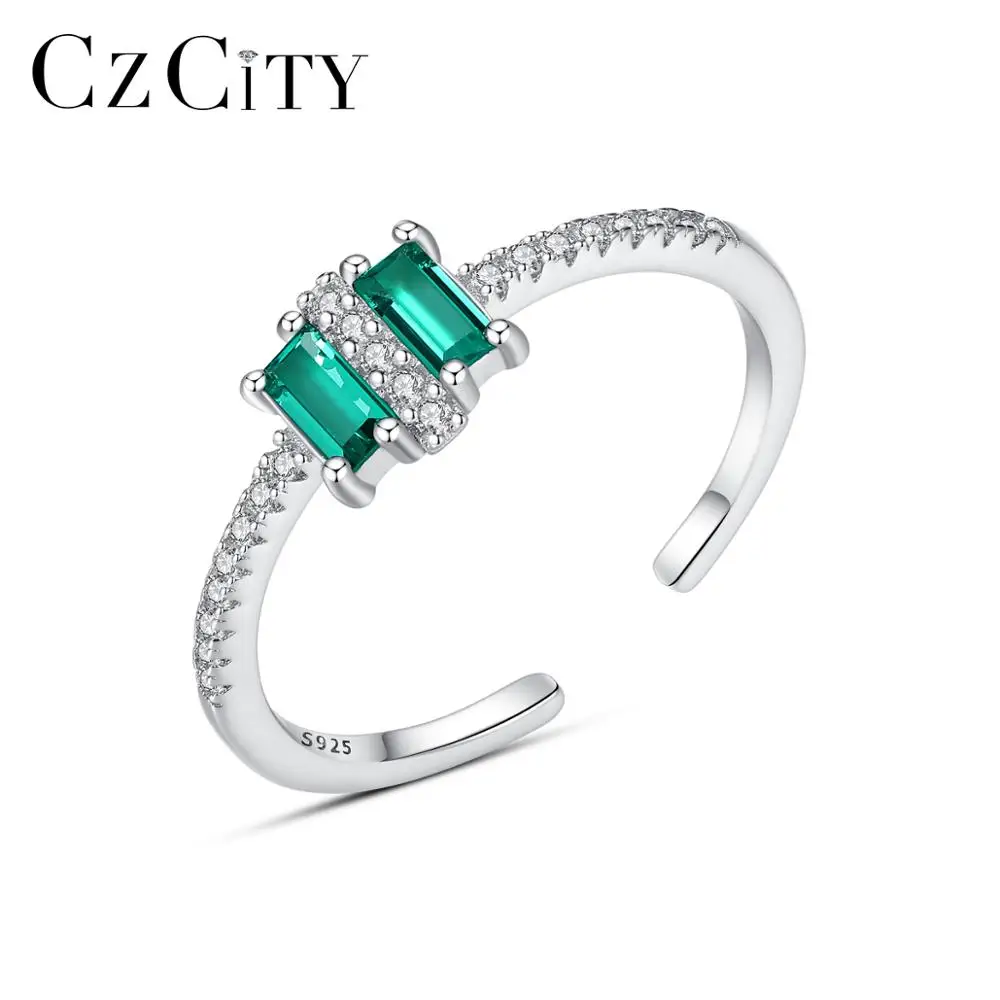 

CZCITY Hot Sale Gemstone Emerald Silver 925 Open Rings for Girls Size Adjustable Women Rings Rhodium Plated