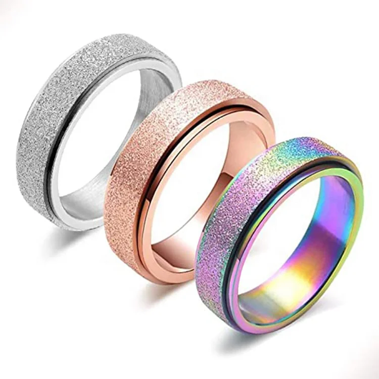 

6mm Sandblasted Glitter Surface Anxiety Relief Swivel Rings Rose Gold Silver Rainbow Color Stainless Steel Couple Fidget Rings